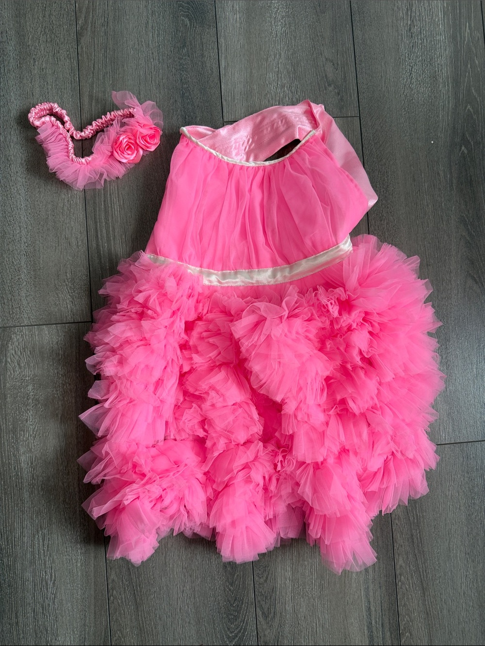 Tail Hot Pink Layered Tulle Pet Dress with Floral Headband
